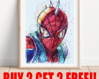 Spider-Punk Ballpoint Pen Art Print, COMPRAR 2 OBTENER 2 GRATIS, Póster de arte de Spiderman, Impresión de arte de superhéroe, Decoración de los Vengadores, Arte de cómic