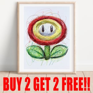 Fire Flower Power Up Ballpoint Pen Print, BUY 2 GET 2 FREE, Super Mario Artwork, Nintendo Art Print, Video Game Artwork, Gamer Room Art