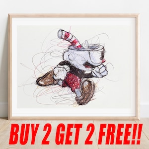 Cuphead Ballpoint Pen Print, Buy 2 Get 2 FREE, Video Game Art, Game Room Decor, Hand Signed Print, Video Game Decor