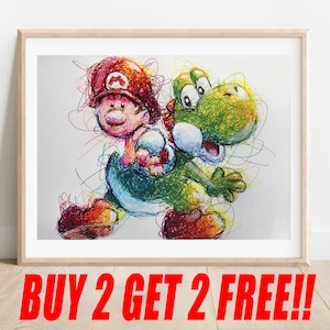 Baby Mario and Yoshi Ballpoint Pen Print, Buy 2 Get 2 FREE, Yoshi&#39;s Island Art Poster, Super Mario Art, Nintendo Art, SNES Poster