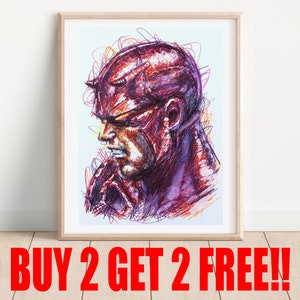 May include: A colorful, abstract drawing of Daredevil, a superhero known for his red suit and horns. The drawing is done in a scribble style, with lines of red, purple, and yellow.