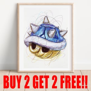 May include: A blue and yellow cartoon character with a shell, drawn in a scribble style. The character is a spiky, blue, and yellow shell with a white rim. The character is drawn with a lot of lines and swirls.