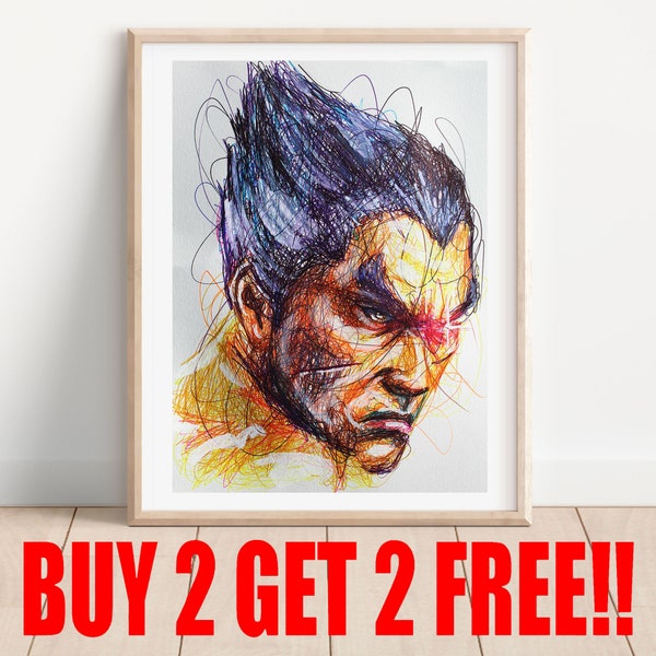 Kazuya Ballpoint Pen Print, Buy 2 Get 2 FREE, Tekken Art Poster, Super Smash Bros Artwork, Nintendo Poster, Video Game Art, Game Room Art