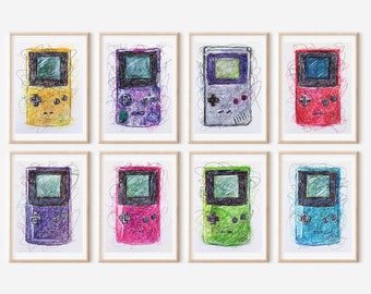 Complete Gameboy Ballpoint Pen Print Set, Video Art, Gamer room Decor, Nintendo Art Prints, Arcade Art Poster, Video Game Console Art