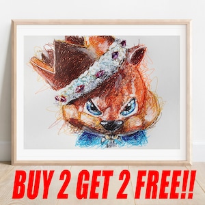 Könnte beinhalten: Eine Cartoon-Illustration eines Eichhörnchens, das eine Krone mit einem blau-weiß gemusterten Hemd trägt. Das Eichhörnchen hat einen ernsten Ausdruck und ist im Kritzel-Stil gezeichnet.