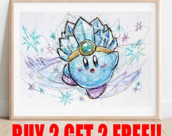 Ice Kirby Ballpoint Pen Print, BUY 2 GET 2 FREE, Video Game Artwork, Nintendo Art Print, Kirby's Dreamland Art, Kirby Super Star Art