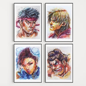 Street Fighter Kugelschreiber Print Set, Arcade Art Poster, Gamerraum Kunstwerk, Videospielkunst, Retro Videospiele, Nintendo Kunstwerk