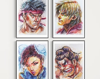 Street Fighter Ballpoint Pen Print Set, Arcade Art Posters, Gamer Room Artwork, Video Game Art, Retro Video Games, Nintendo Artwork