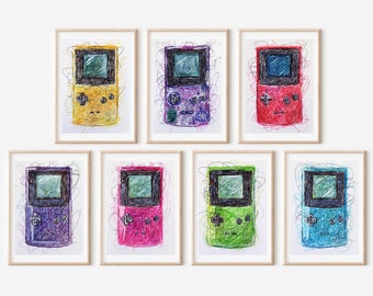 Gameboy Color Ballpoint Pen Print Set, Video Game Art, Nintendo Art Print, Retro Art, Arcade Art Posters, Super Mario Artwork,