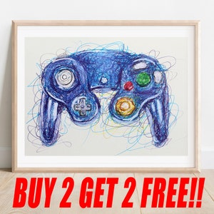 Gamecube Controller Ballpoint Pen Print, Buy 2 Get 2 FREE, Video Game Art, Nintendo Poster, Game Room Decor
