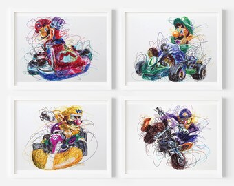 Mario Kart Ballpoint Print Set, Video Game Decor, Super Mario Artwork, Nintendo Artwork, Retro Video Games, Arcade Posters, Nintendo Fans