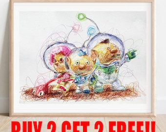 Pikmin 4 Captains Ballpoint Pen Print, Buy 2 Get 2 FREE, Pikmin Art Posters, Nintendo Art Print, Gamer Room Artwork, Olimar Art Poster
