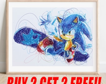 S. the Hedgehog Snow Boarding Ballpoint Pen Print, Buy 2 Get 2 FREE, Video Game Art, Nintendo Artwork, Game Room Decor