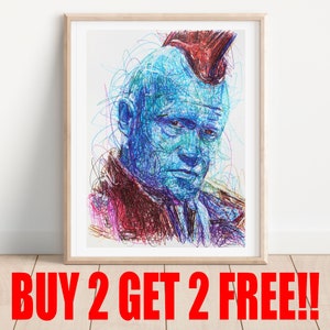 May include: A framed print of a colorful line drawing of a blue-skinned character with a red mohawk. The character is wearing a red, blue, and white patterned jacket. The print is framed in a light wood frame.
