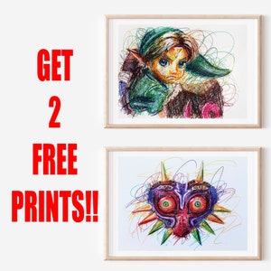 Young Link and Majora&#39;s Mask Ballpoint Pen Print Set, Get 2 FREE Prints, Legend of Zelda Art Print, Video Game Art, Nintendo Prints, Games