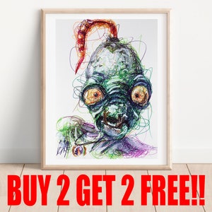 Puede incluir: Un dibujo abstracto de líneas de colores de un personaje alienígena verde con una cabeza grande y una sola antena roja y rizada. El alienígena tiene una amplia sonrisa con dientes y ojos grandes y redondos.