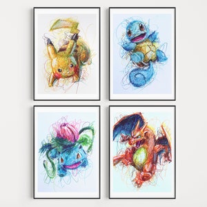 Op de afbeelding: Vier ingelijste prints van Pokémon-personages getekend in een krabbelstijl. De prints tonen Pikachu, Squirtle, Bulbasaur en Charizard.