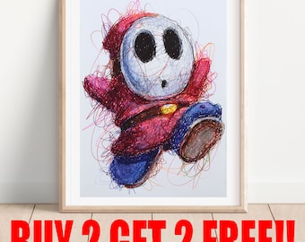 Shy Guy Ballpoint Pen Print, Buy 2 Get 2 FREE, Nintendo Artwork, Super Mario Bros Art, Video Game Art, Game Room Print, Kids Room Decor