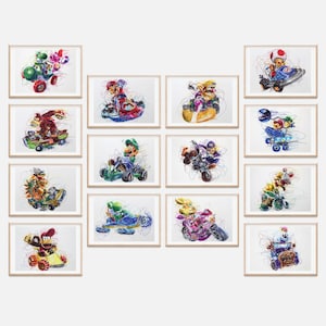 Mario Kart 14 Set, Ballpoint Pen Prints, Video Game Art, Mario Kart Double Dash Poster, Nintendo Artwork, Video Game Decor, Kids Room Art