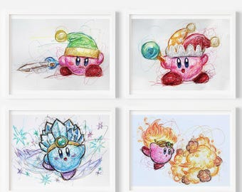 Classic Kirby Power Up Set, Kirby Super Star Artwork, Nintendo Art Prints, Kirby's Dreamland Artwork, Gamer Room Art
