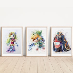Legend Of Zelda Windwaker Ballpoint Pen Print Set, Legend of Zelda Art, VIdeo Game Art, Nintendo Artwork, Gamer Room Art, Gamecube Artwork