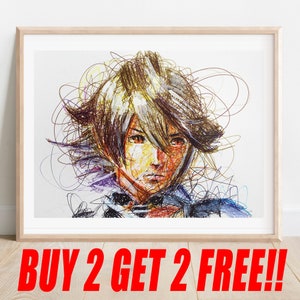 May include: A framed print of a colorful line drawing of a person with short, spiky hair. The drawing is done in a variety of colors, including red, yellow, blue, and green. The print is framed in a light wood frame. The text "BUY 2 GET 2 FREE!" is printed below the image.