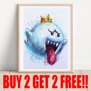 King Boo Ballpoint Pen Print, Buy 2 Get 2 FREE, Super Mario Art, Luigi&#39;s Mansion Art, Nintendo Gamecube Art, Video Game Print, Game Room Art