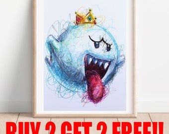King Boo Ballpoint Pen Print, Buy 2 Get 2 FREE, Super Mario Art, Luigi&#39;s Mansion Art, Nintendo Gamecube Art, Video Game Print, Game Room Art