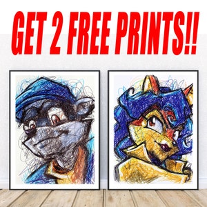 Sly and Carmelita Ballpoint Pen Print Set, GET 2 FREE PRINTS, Video Game Artwork, Retro Video Games, Gamer Room Decor, Ps2 Art Posters