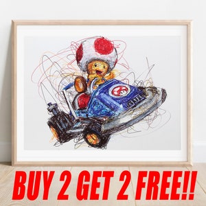 Toad Kart Ballpoint Pen Print, Koop 2 Get 2 GRATIS, Mario Kart Art Poster, Video Game Art, Game Room Art, Nintendo Artwork, Mario Moive Art