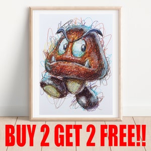 Goomba Ballpoint Pen Print, Buy 2 Get 2 FREE, Nintendo Fanart, Mario Movie Art, Super Mario Bros Artwork, Video Game Art, Game Room Art