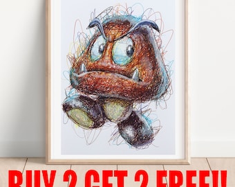 クリボーアート、クリボー水彩画アートプリント、マリオウォールアート