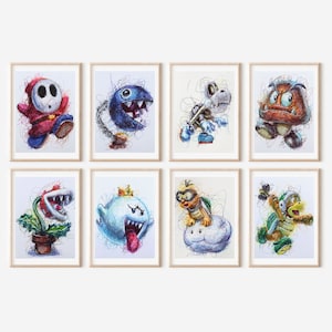 Super Mario Henchman Ballpoint Pen Print Set, Super Mario Villains Art, Nintendo Art Print, Super Mario Art, Mario Bros Art, Gamer Room Art