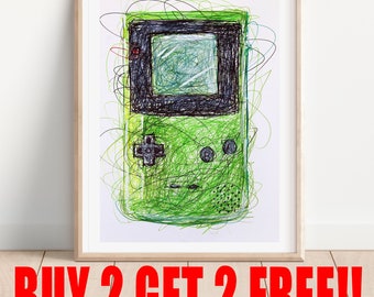Gameboy Color Green Ballpoint Pen Print, Video Game Art, Nintendo Art Print, Gamer Room Decor, Gameboy Poster, Super Mario Art