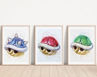 May include: Three framed prints of different colored turtle shells from the Super Mario Bros. video game. The shells are drawn in a scribble style with colorful lines. The shells are blue, red, and green.