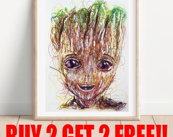 Baby Groot Ballpoint Pen Print, Buy 2 Get 2 FREE, Super Hero Art, Guardians of the Galaxy Art Print, Super Hero Art, Comic Book Poster