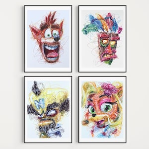Crash Ballpoint Pen Print Set, Video Game Artwork, Play Station Art Prints, Retro Video Games, Gamer Room Decor, PS1 Artworks