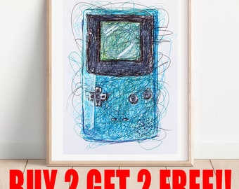 Gameboy Color Blue Ballpoint Print, Video Game Art, Nintendo Art Poster, Retro Artwork, Video Game Decor, Super Mario Art, Gameboy Print