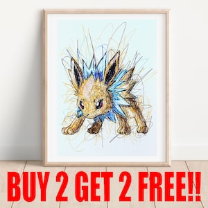 Jolteon Ballpoint Pen Print, Buy 2 Get 2 FREE, Poke Art Poster, Nintendo Art Print, Video Game Art, Gamer Room,  Electric Type Poke