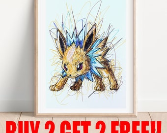 Jolteon Ballpoint Pen Print, Buy 2 Get 2 FREE, Poke Art Poster, Nintendo Art Print, Video Game Art, Gamer Room,  Electric Type Poke