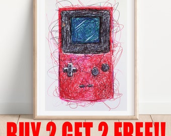 Gameboy Red Ballpoint Pen Print, Video Game Art, Nintendo Art Print, Retro Video Games, Super Mario Art, Gamer Room Decor, Video Games