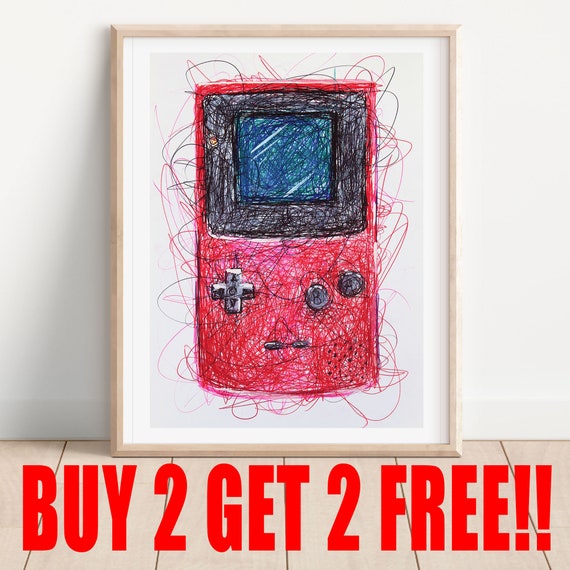 Gameboy Red Ballpoint Pen Print, Video Game Art, Nintendo Art