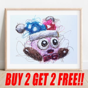 May include: A pink cartoon character with large eyes and a blue and red hat. The character is drawn in a scribbled style with black, blue, red, and pink lines.