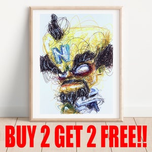 May include: A digital illustration of a cartoon character with a yellow face, black hair, and a blue letter "N" on their forehead. The character is drawn in a scribble style with black and yellow lines.