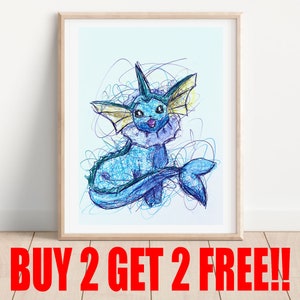 Vaporeon Ballpoint Pen Print, Buy 2 Get 2 FREE, Video Game Art, Poke Wall Decor, Nintendo Art Print, Gamer Room Art, Anime Artworks