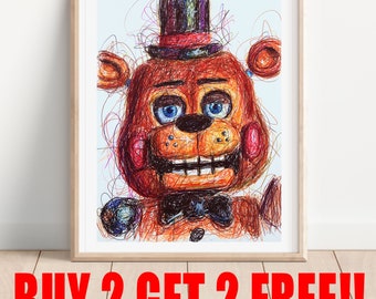 Toy Freddy Faz Bear Ballpoint Pen Art Print, BUY 2 GET 2 FREE, Five Night's at Freddy's Art Poster, Video Game Art, Kids Room Decor, Games