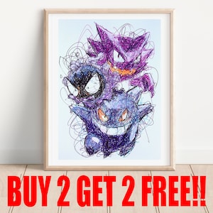 Gengar, Haunter and Gastly Ballpoint Pen Print, Buy 2 Get 2 FREE, Poke Fanart, Video Game Art, Nintendo Poster, Video Game Art, Game Room