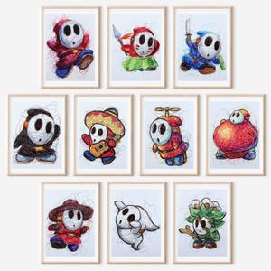Complete Shy Guy Ballpoint Pen Print Set, Super Mario World Artwork, Nintendo Art Prints, Video Game Art, Retro Gamer Room Decor