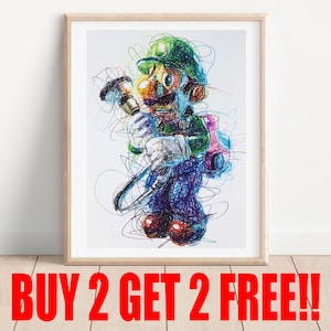 Luigi&#39;s Mansion Ballpoint Pen Print, Buy 2 Get 2 FREE, Video Game Art, Nintendo Gamecube Art, Kids Room Decor, Game Room Art, Super Smash