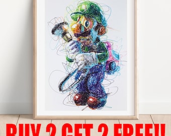 Luigi&#39;s Mansion Ballpoint Pen Print, Buy 2 Get 2 FREE, Video Game Art, Nintendo Gamecube Art, Kids Room Decor, Game Room Art, Super Smash